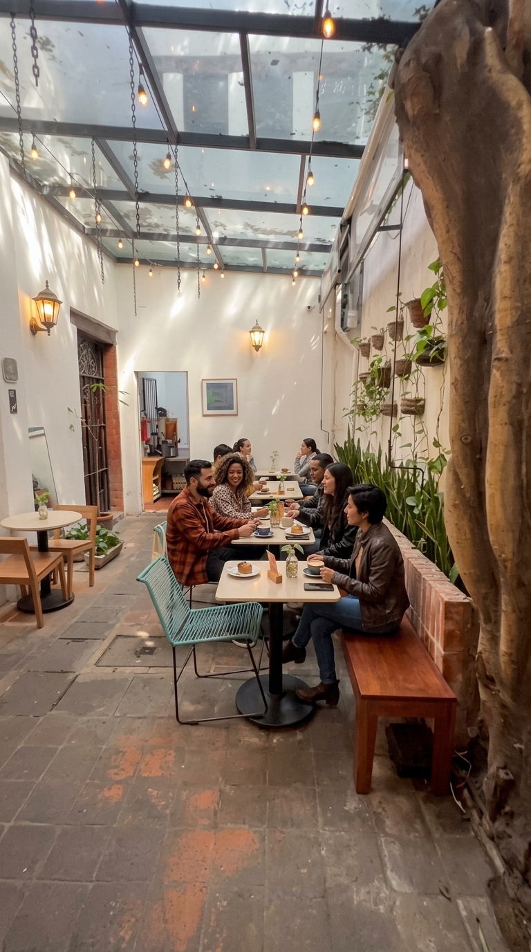 Patio interior iluminado de Camino a Comala Santa María la Ribera, cafetería de especialidad en Cuauhtémoc, CDMX.
