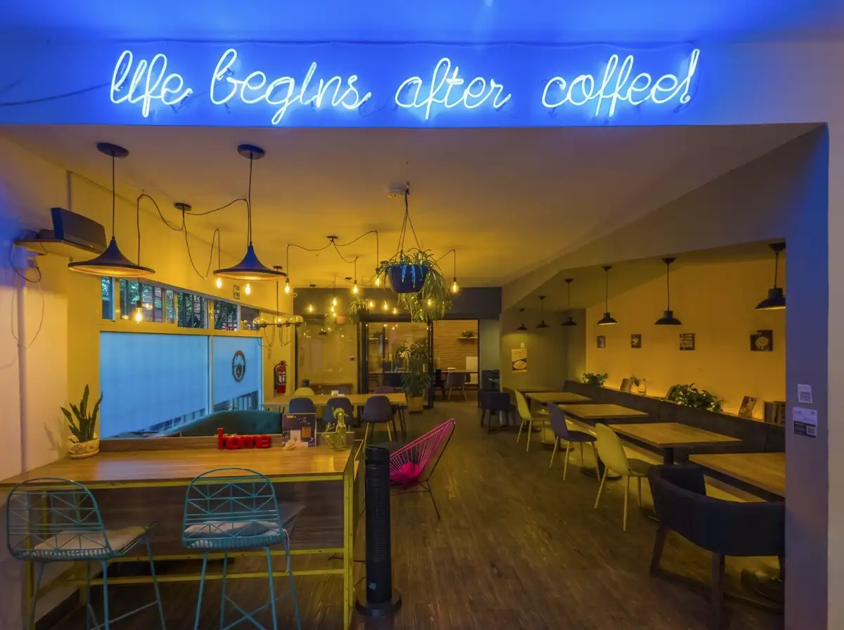 Interior iluminado y áreas de trabajo de Chez Vous Cervantes, timecafé en la colonia Granada, CDMX.